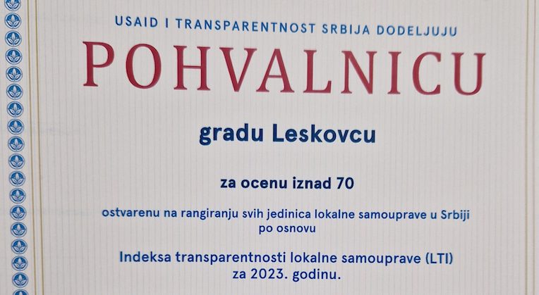 Leskovac na sedmom mestu  od 145 lokalnih samouprava po  oceni Transparentnost Srbija