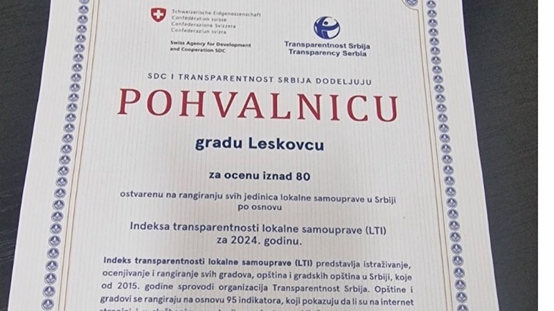 Grad  Leskovac medju najboljima po indeksu transparentnosti lokalne samouprave