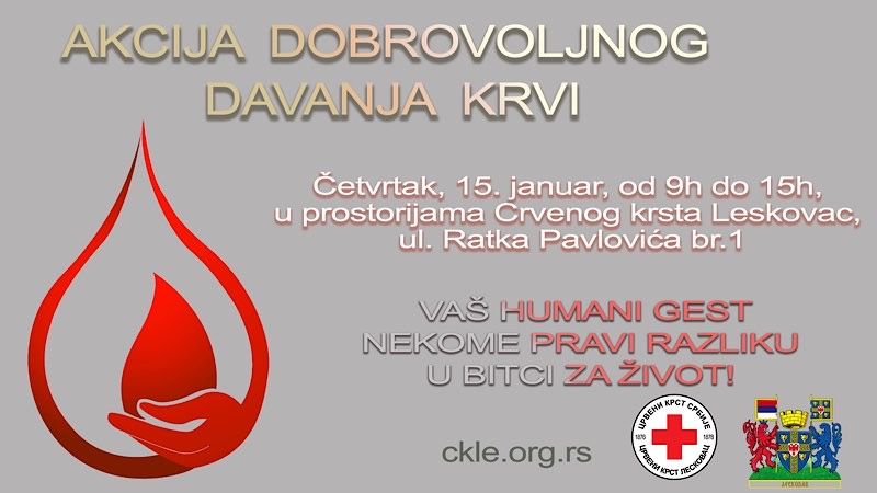 Akcija dobrovoljnog davanja krvi sutra u Leskovcu