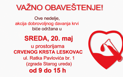 Akcija dobrovoljnog davanja krvi u sredu u Leskovcu