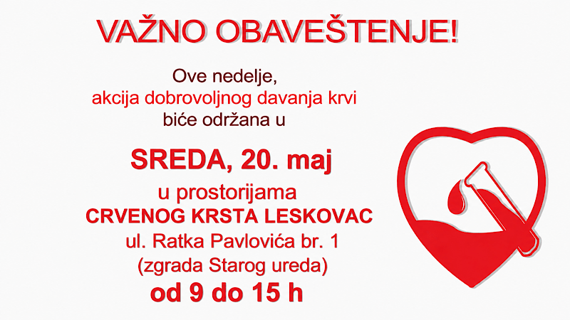Akcija dobrovoljnog davanja krvi u sredu u Leskovcu